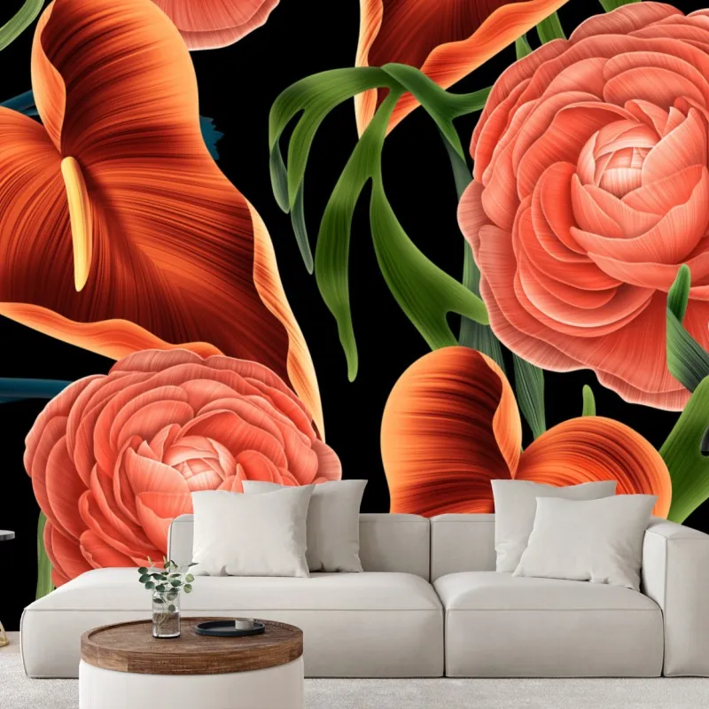 Wall mural vibrant coral floral art on black