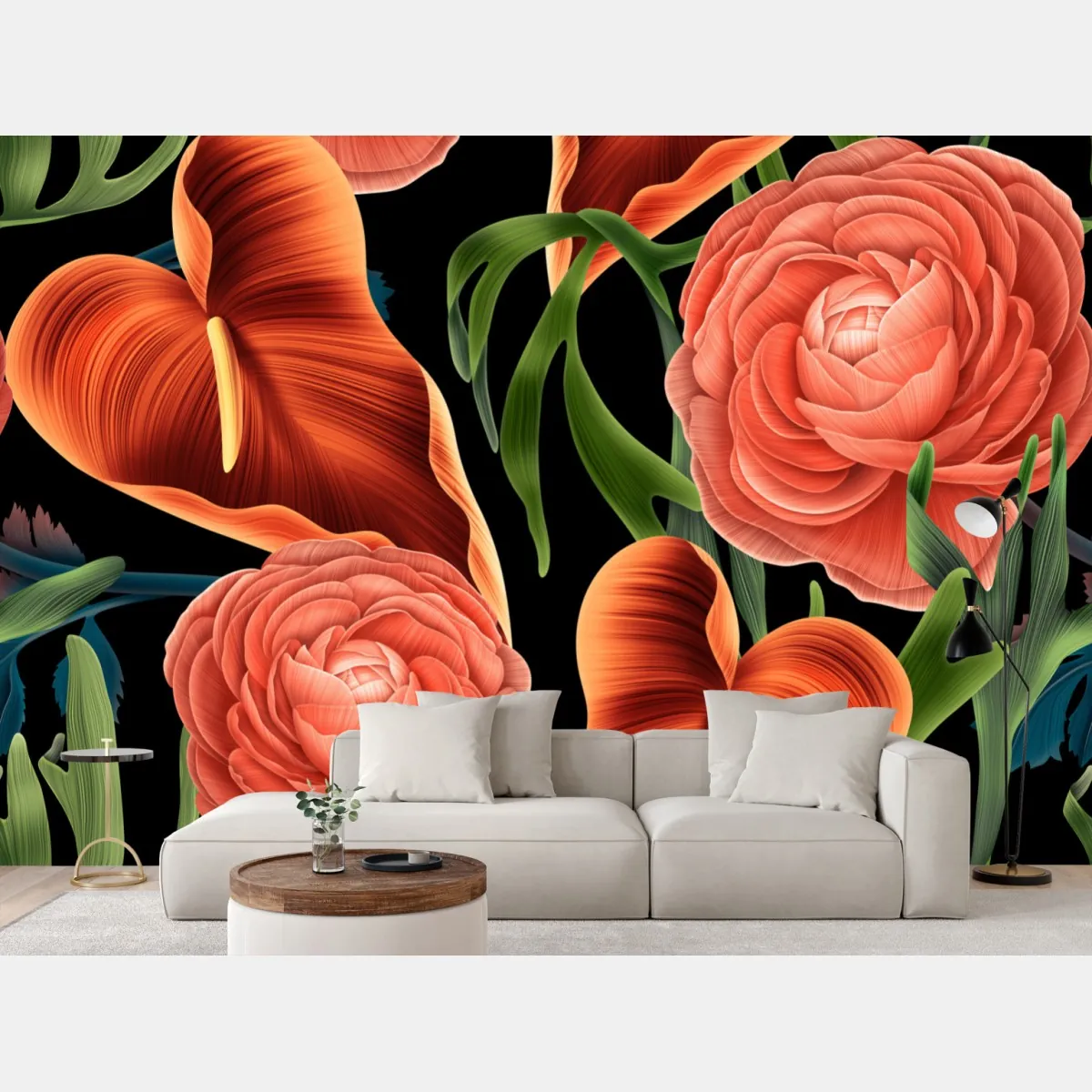 Fototapeta intensywny koralowy wzór kwiatowy na czarnym tle – Wallissimo® Fototapeta intensywny koralowy wzór kwiatowy na czarnym tle – Wallissimo®