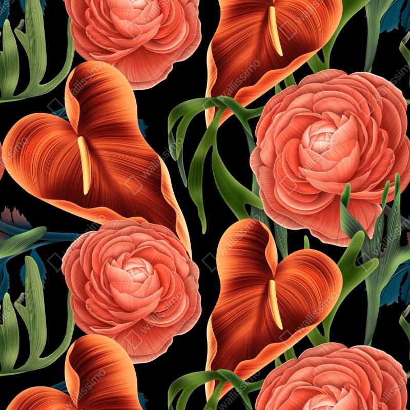 Fototapeta intensywny koralowy wzór kwiatowy na czarnym tle – Wallissimo® Fototapeta intensywny koralowy wzór kwiatowy na czarnym tle – Wallissimo®