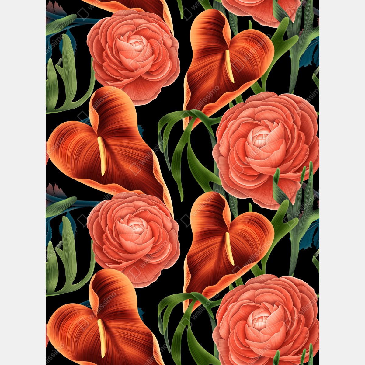 Fototapeta intensywny koralowy wzór kwiatowy na czarnym tle – Wallissimo® Fototapeta intensywny koralowy wzór kwiatowy na czarnym tle – Wallissimo®