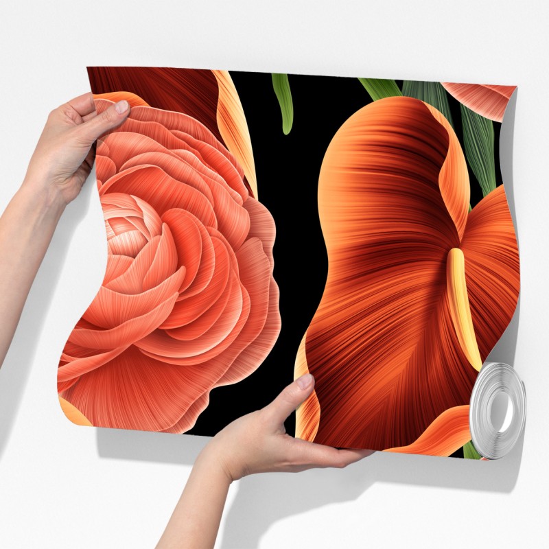 Fototapeta intensywny koralowy wzór kwiatowy na czarnym tle – Wallissimo® Fototapeta intensywny koralowy wzór kwiatowy na czarnym tle – Wallissimo®