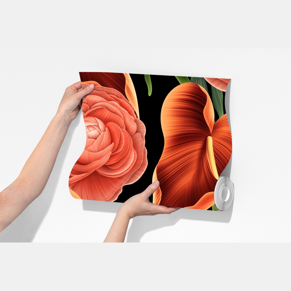 Fototapeta intensywny koralowy wzór kwiatowy na czarnym tle – Wallissimo® Fototapeta intensywny koralowy wzór kwiatowy na czarnym tle – Wallissimo®