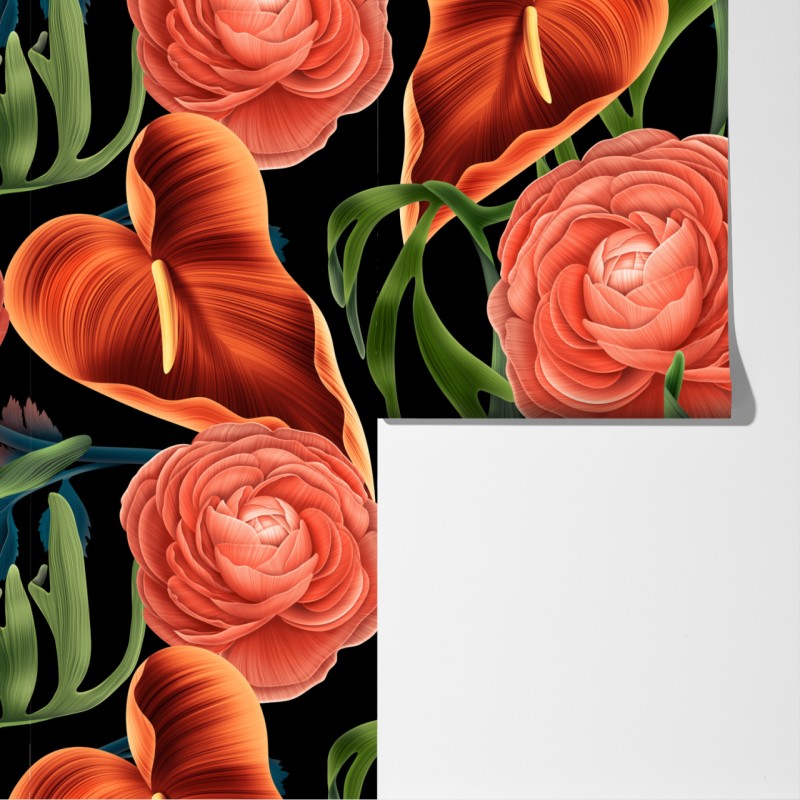 Fototapeta intensywny koralowy wzór kwiatowy na czarnym tle – Wallissimo® Fototapeta intensywny koralowy wzór kwiatowy na czarnym tle – Wallissimo®