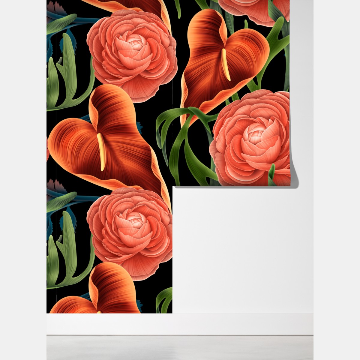 Fototapeta intensywny koralowy wzór kwiatowy na czarnym tle – Wallissimo® Fototapeta intensywny koralowy wzór kwiatowy na czarnym tle – Wallissimo®