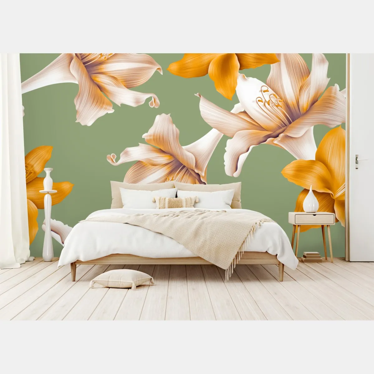 Fototapeta złote lilie wzór botaniczny – Wallissimo® Fototapeta złote lilie wzór botaniczny – Wallissimo®