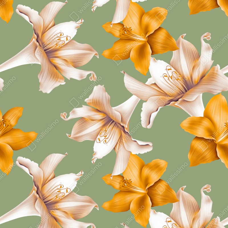 Fototapeta złote lilie wzór botaniczny – Wallissimo® Fototapeta złote lilie wzór botaniczny – Wallissimo®