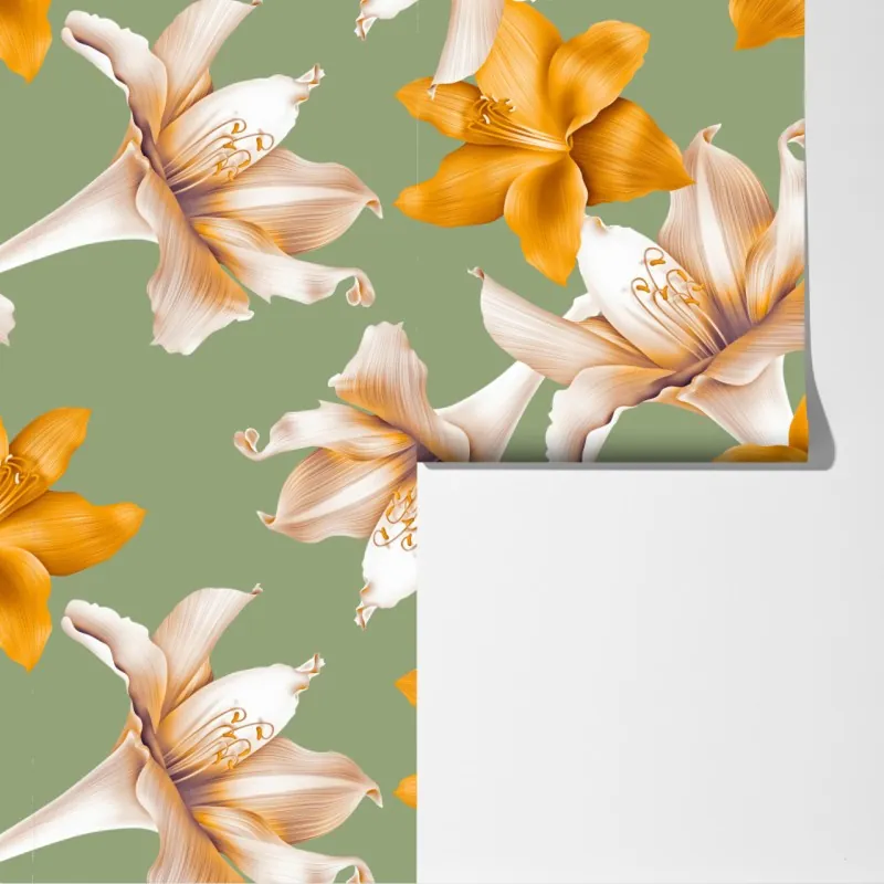 Fototapeta złote lilie wzór botaniczny – Wallissimo® Fototapeta złote lilie wzór botaniczny – Wallissimo®