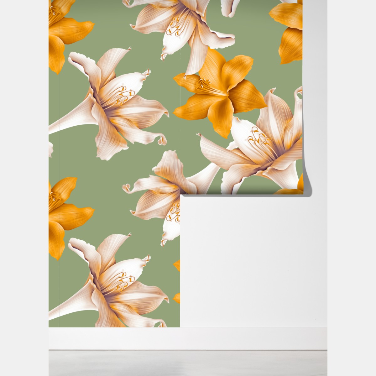 Fototapeta złote lilie wzór botaniczny – Wallissimo® Fototapeta złote lilie wzór botaniczny – Wallissimo®