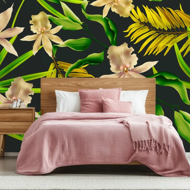 Wall mural tropical orchid floral pattern on dark background