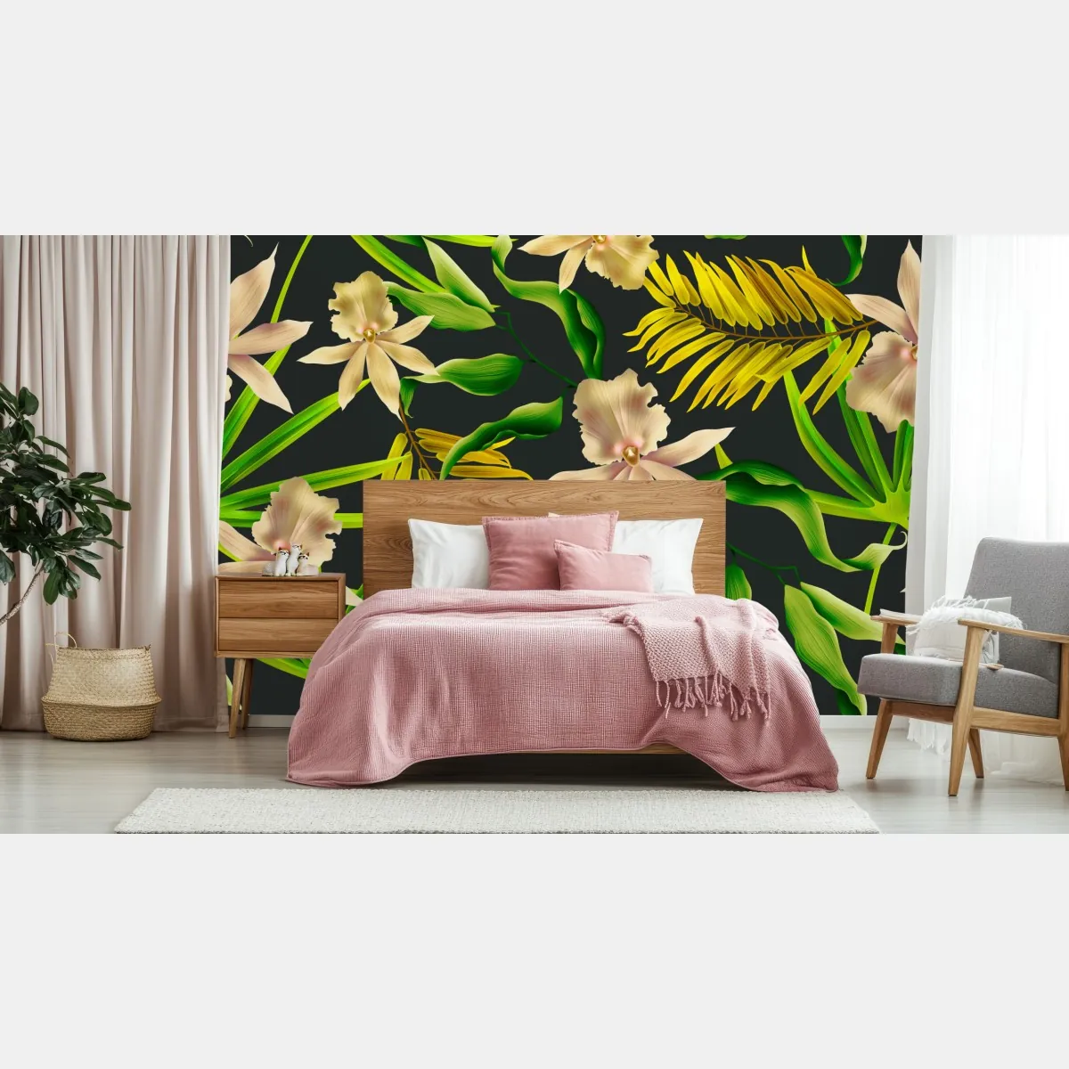 Fototapeta tropikalny wzór storczyków na ciemnym tle – Wallissimo® Fototapeta tropikalny wzór storczyków na ciemnym tle – Wallissimo®