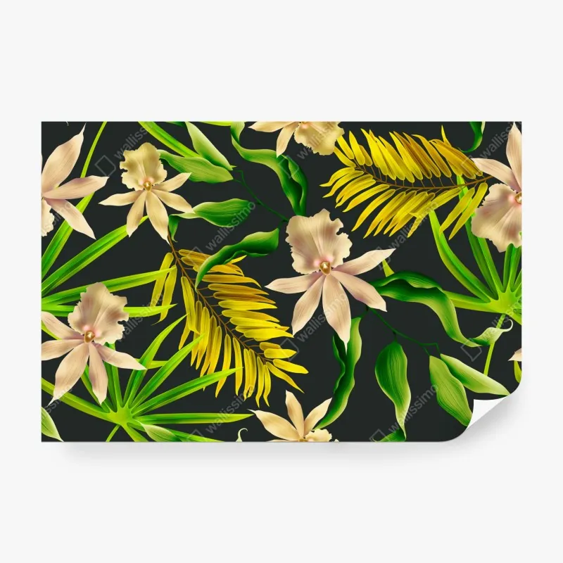 Wall mural tropical orchid floral pattern on dark background