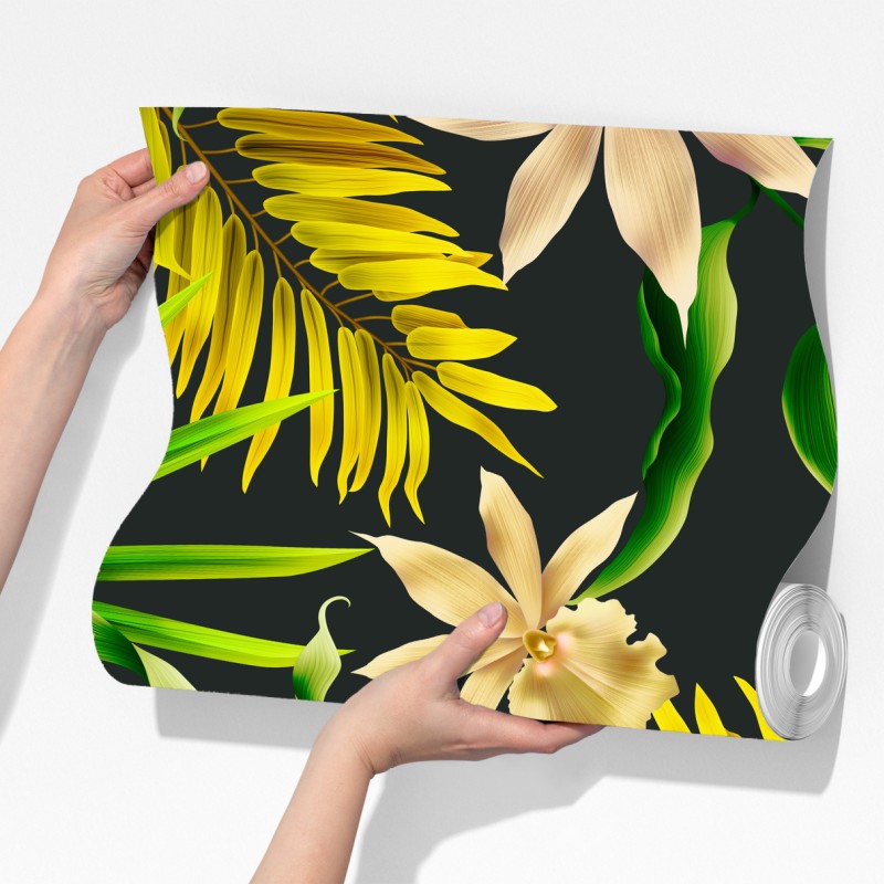 Fototapeta tropikalny wzór storczyków na ciemnym tle – Wallissimo® Fototapeta tropikalny wzór storczyków na ciemnym tle – Wallissimo®