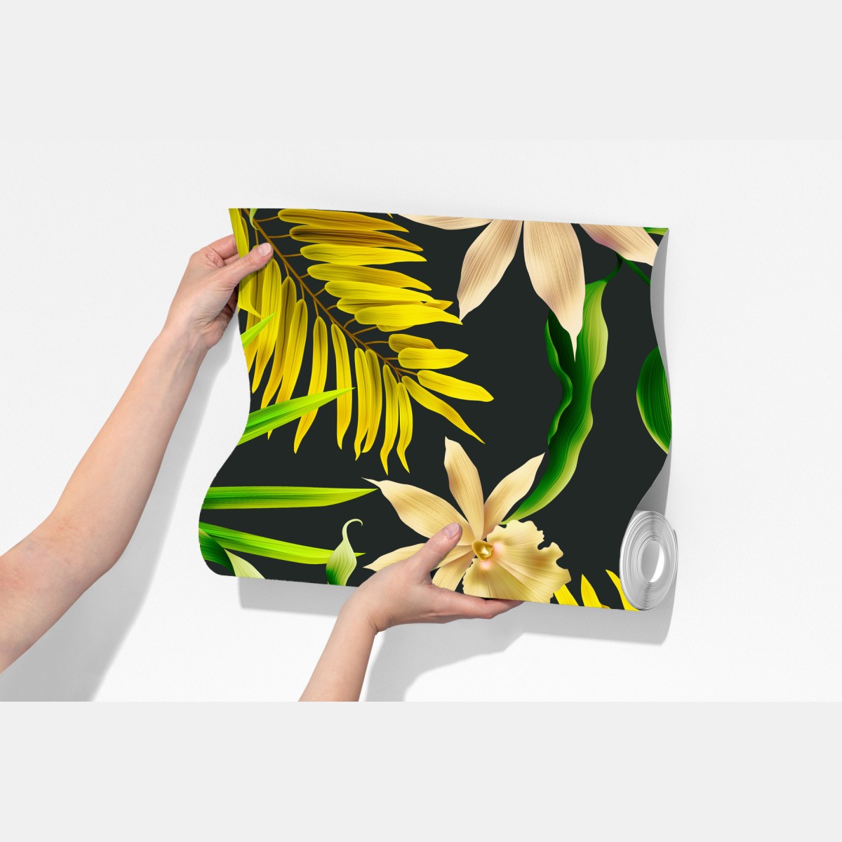 Fototapeta tropikalny wzór storczyków na ciemnym tle – Wallissimo® Fototapeta tropikalny wzór storczyków na ciemnym tle – Wallissimo®