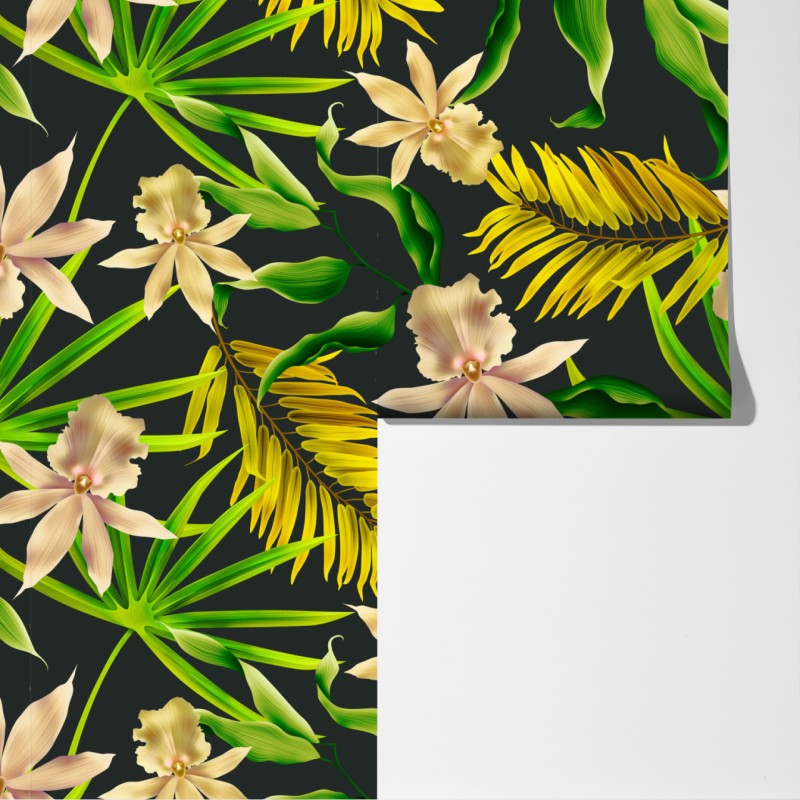 Fototapeta tropikalny wzór storczyków na ciemnym tle – Wallissimo® Fototapeta tropikalny wzór storczyków na ciemnym tle – Wallissimo®