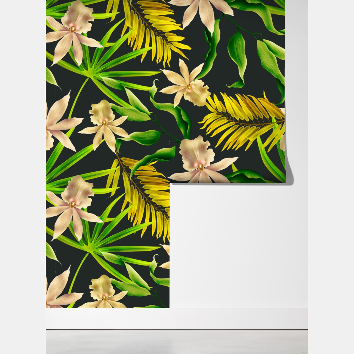 Fototapeta tropikalny wzór storczyków na ciemnym tle – Wallissimo® Fototapeta tropikalny wzór storczyków na ciemnym tle – Wallissimo®