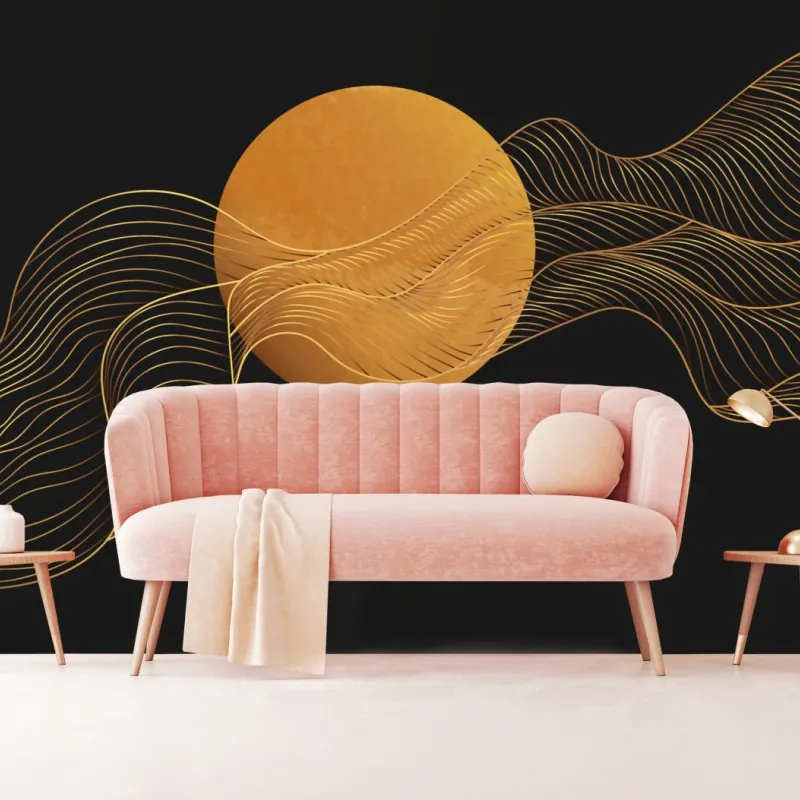 Wall mural golden waves on black abstract composition