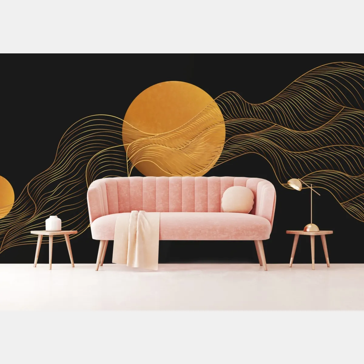 Fototapeta złote fale na czarnym tle — abstrakcyjna kompozycja – Wallissimo® Fototapeta złote fale na czarnym tle — abstrakcyjna kompozycja – Wallissimo®