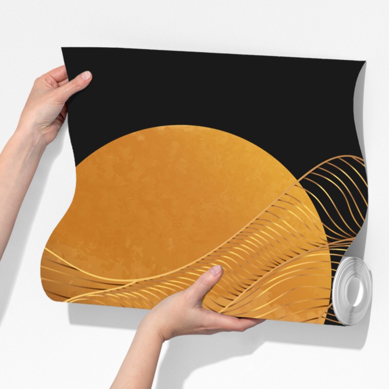 Fototapeta złote fale na czarnym tle — abstrakcyjna kompozycja – Wallissimo® Fototapeta złote fale na czarnym tle — abstrakcyjna kompozycja – Wallissimo®