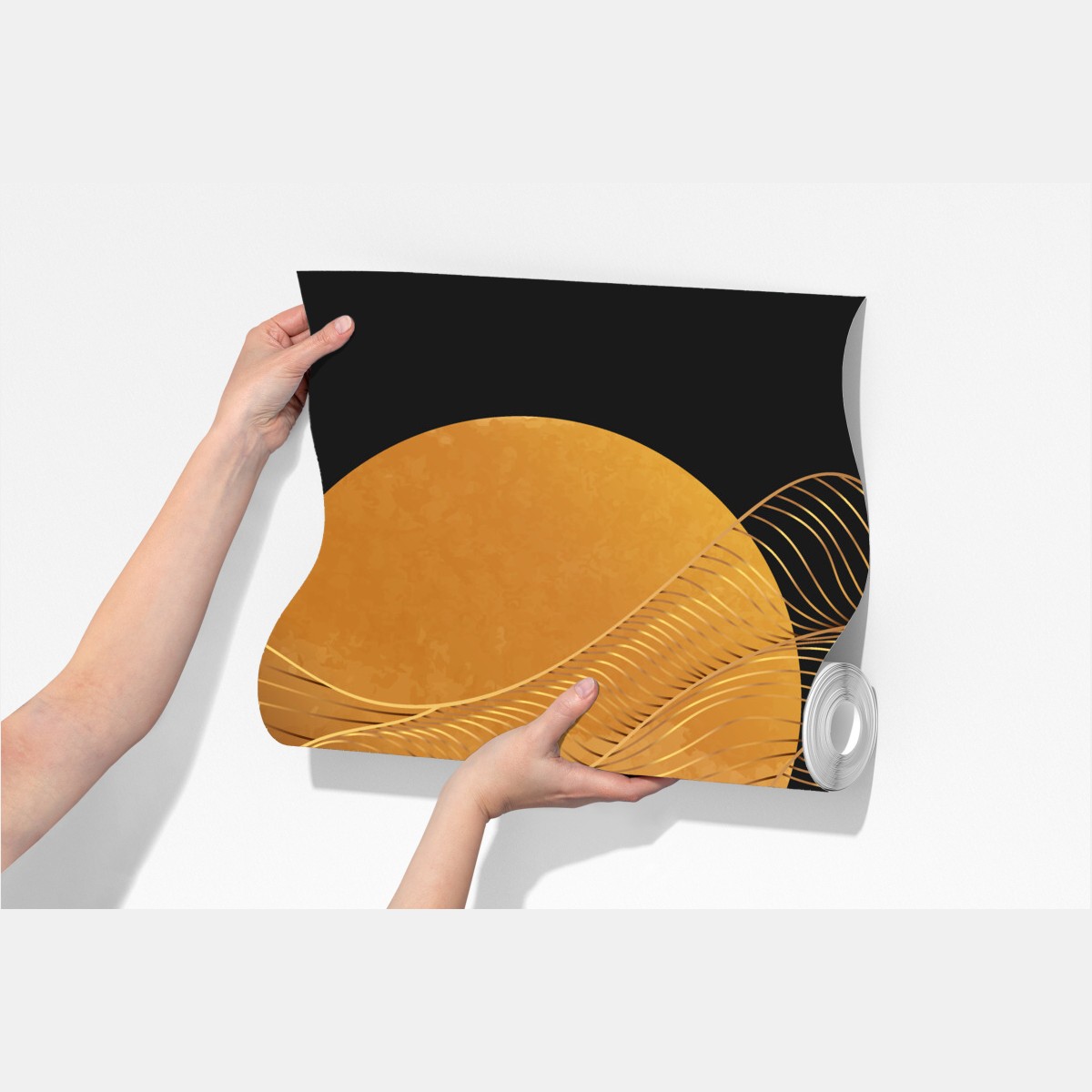 Fototapeta złote fale na czarnym tle — abstrakcyjna kompozycja – Wallissimo® Fototapeta złote fale na czarnym tle — abstrakcyjna kompozycja – Wallissimo®