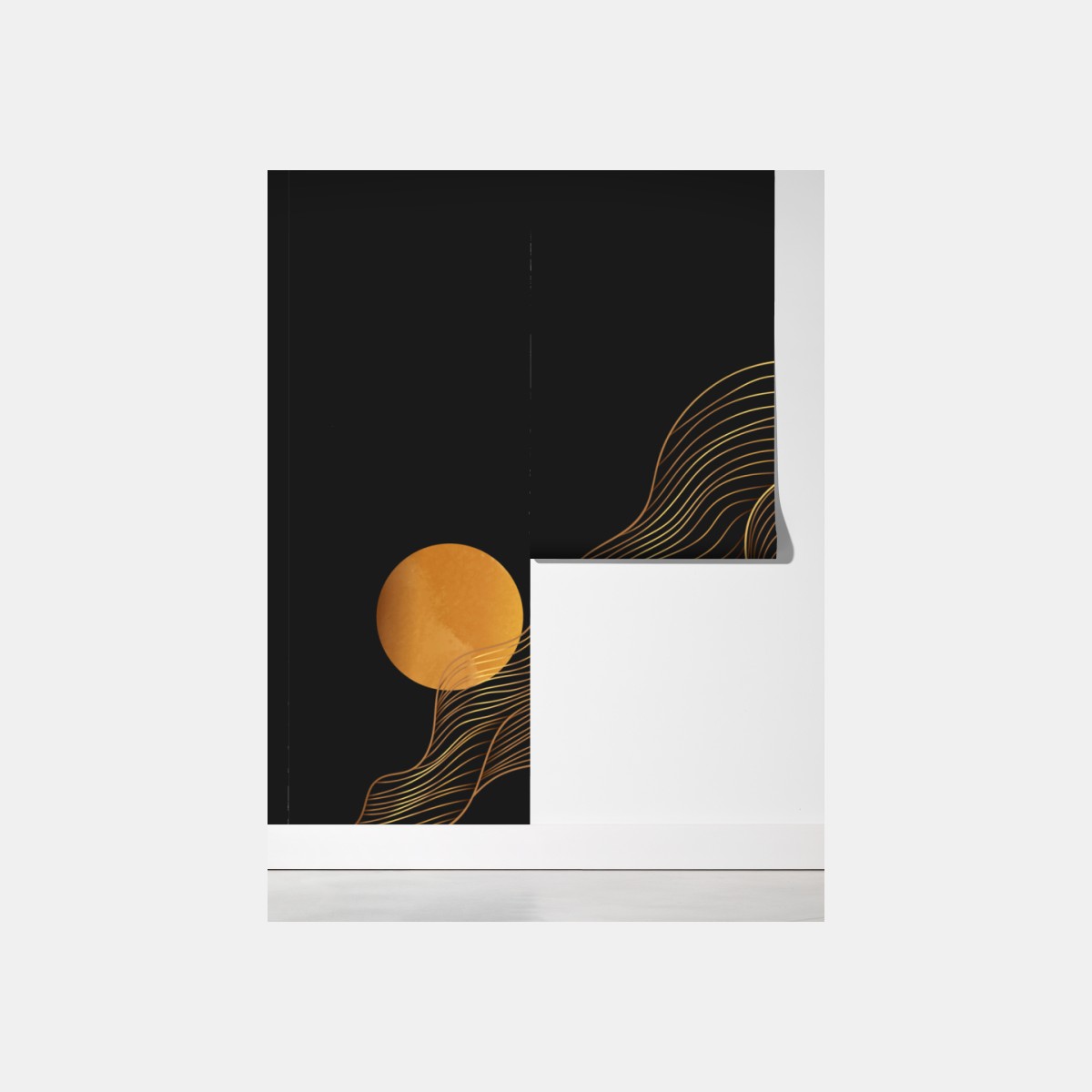 Fototapeta złote fale na czarnym tle — abstrakcyjna kompozycja – Wallissimo® Fototapeta złote fale na czarnym tle — abstrakcyjna kompozycja – Wallissimo®