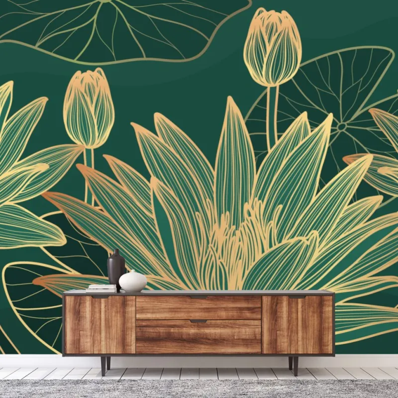 Wall mural gold lotus floral illustration on emerald background