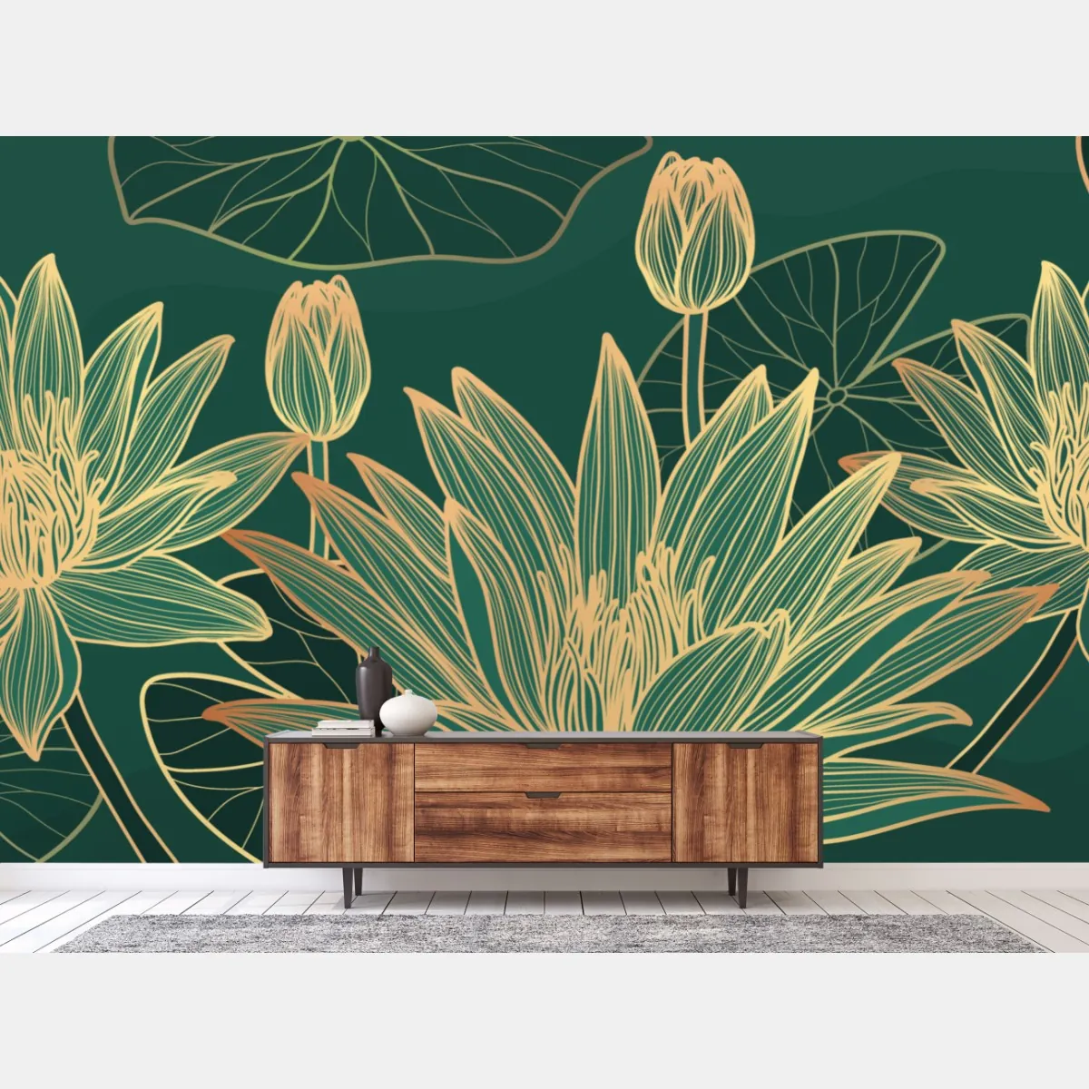 Fototapeta złote kwiaty lotosu na zielonym tle – Wallissimo® Fototapeta złote kwiaty lotosu na zielonym tle – Wallissimo®