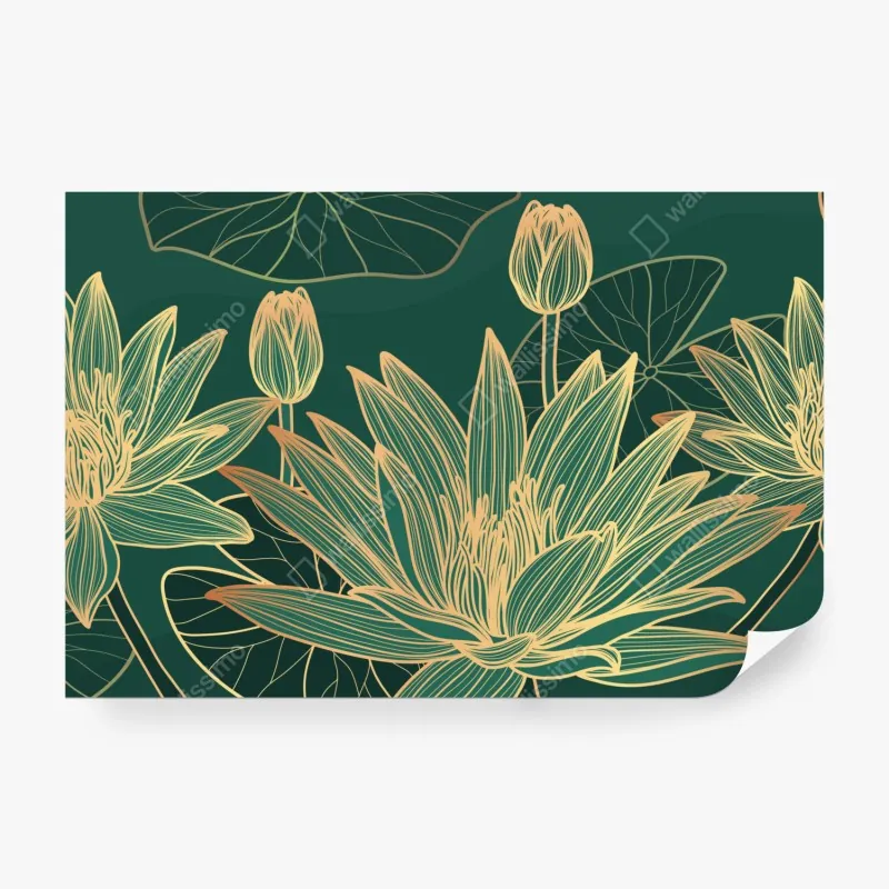 Wall mural gold lotus floral illustration on emerald background