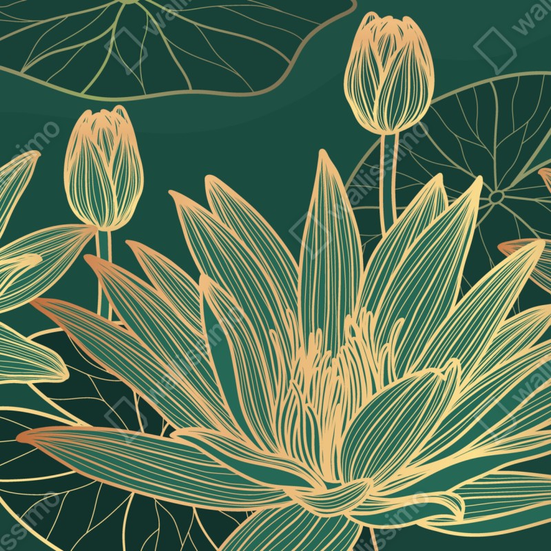 Fototapeta złote kwiaty lotosu na zielonym tle – Wallissimo® Fototapeta złote kwiaty lotosu na zielonym tle – Wallissimo®