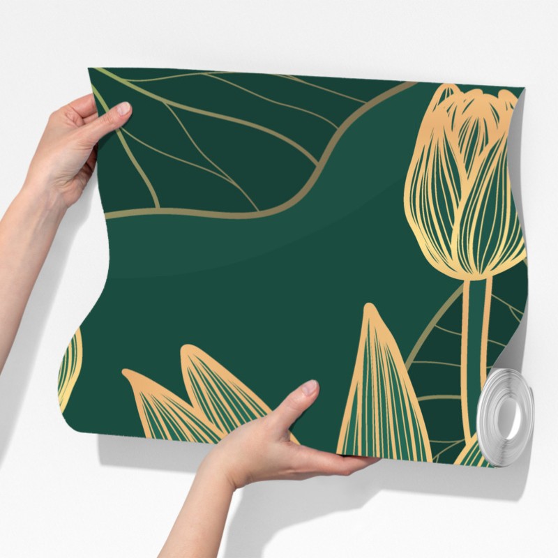 Fototapeta złote kwiaty lotosu na zielonym tle – Wallissimo® Fototapeta złote kwiaty lotosu na zielonym tle – Wallissimo®