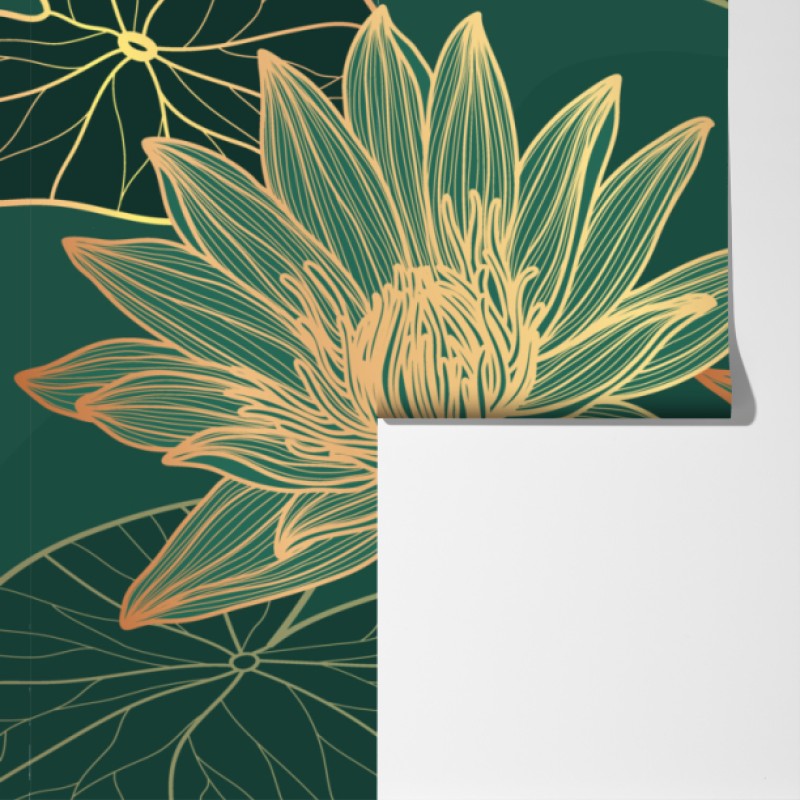 Fototapeta złote kwiaty lotosu na zielonym tle – Wallissimo® Fototapeta złote kwiaty lotosu na zielonym tle – Wallissimo®