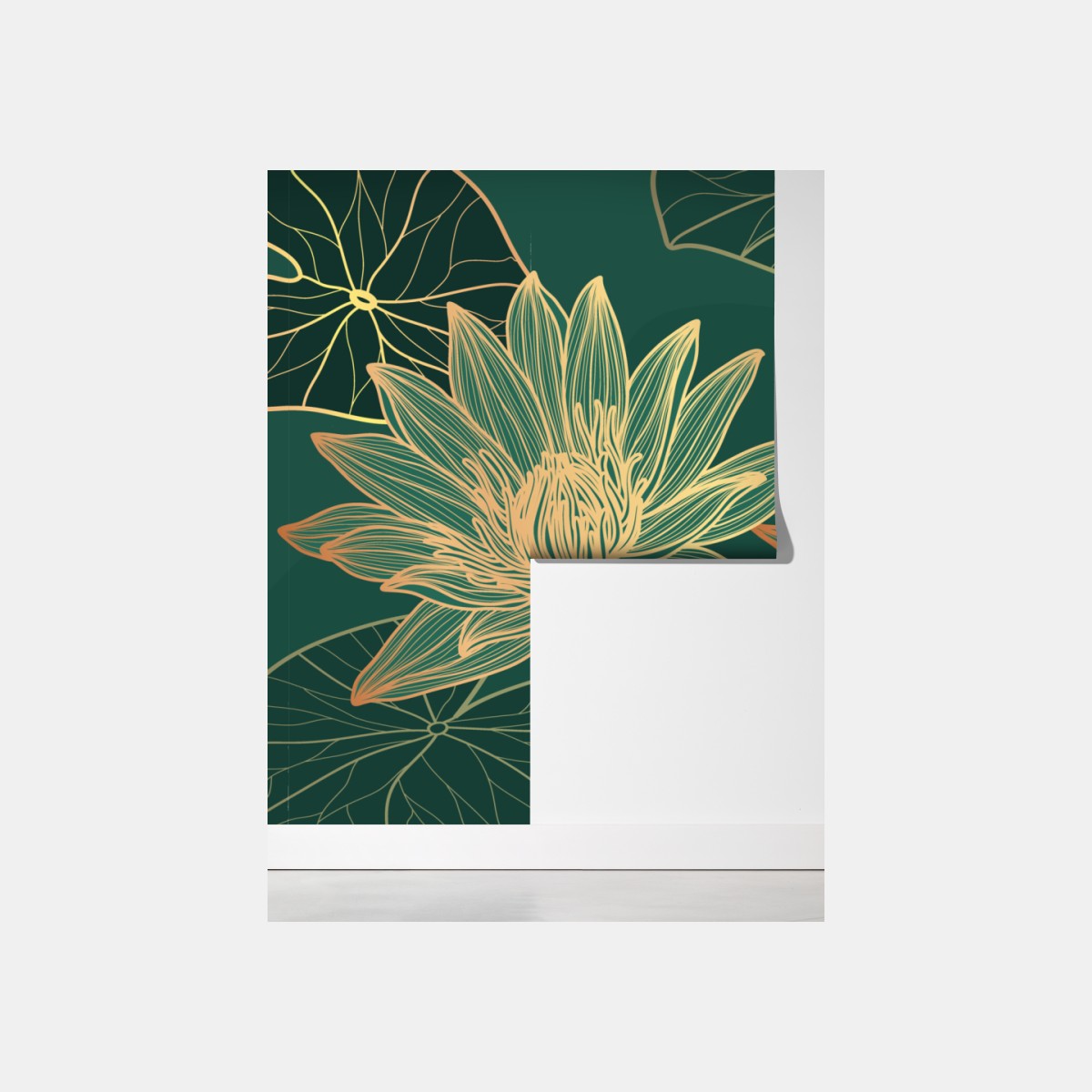 Fototapeta złote kwiaty lotosu na zielonym tle – Wallissimo® Fototapeta złote kwiaty lotosu na zielonym tle – Wallissimo®