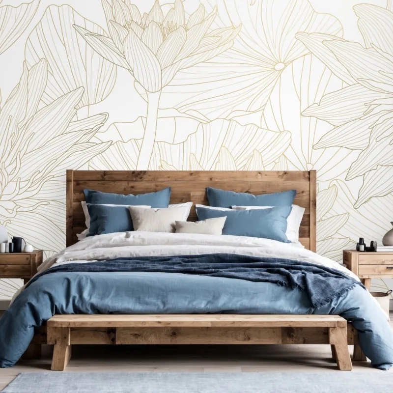 Wall mural delicate gold floral line art