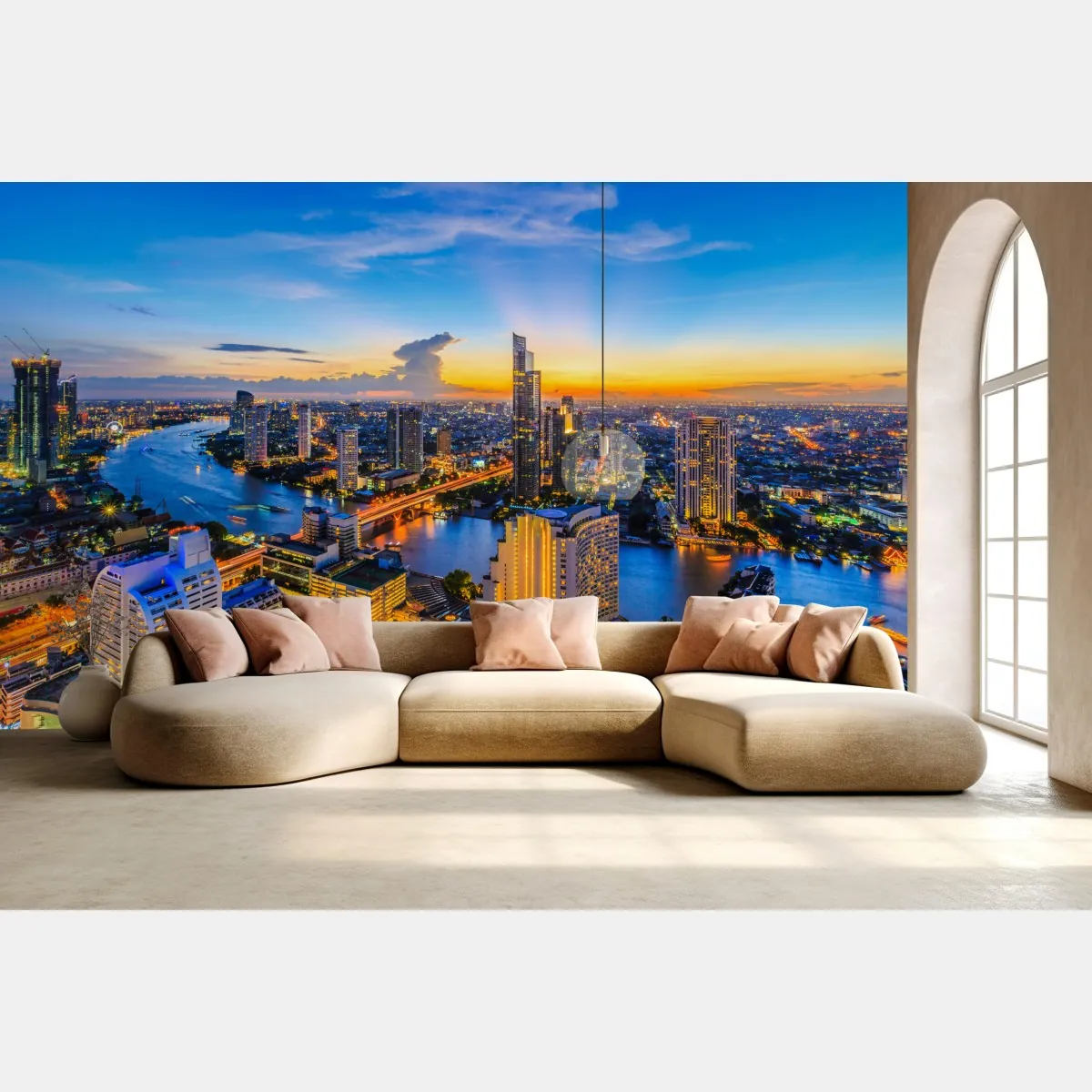 Fototapeta tętniąca życiem panorama miasta o zmierzchu – Wallissimo® Fototapeta tętniąca życiem panorama miasta o zmierzchu – Wallissimo®