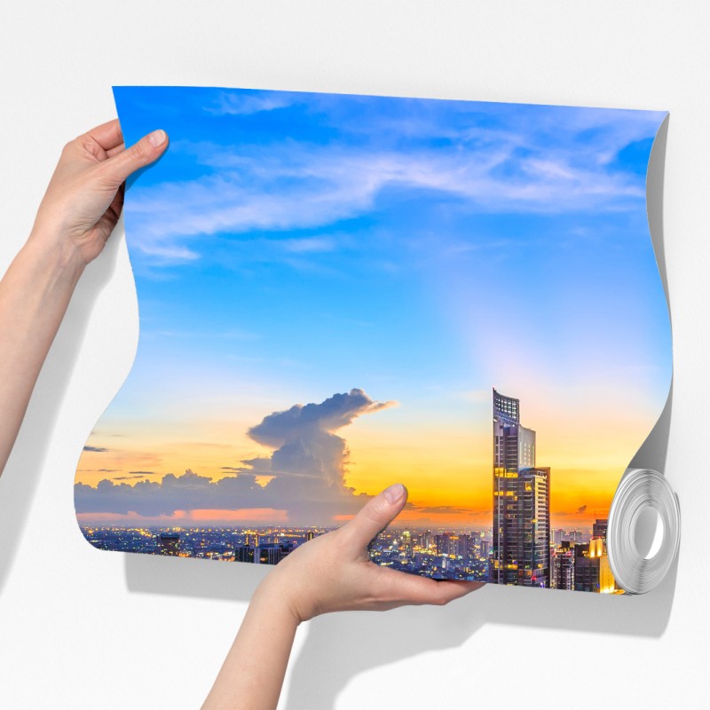 Fototapeta tętniąca życiem panorama miasta o zmierzchu – Wallissimo® Fototapeta tętniąca życiem panorama miasta o zmierzchu – Wallissimo®