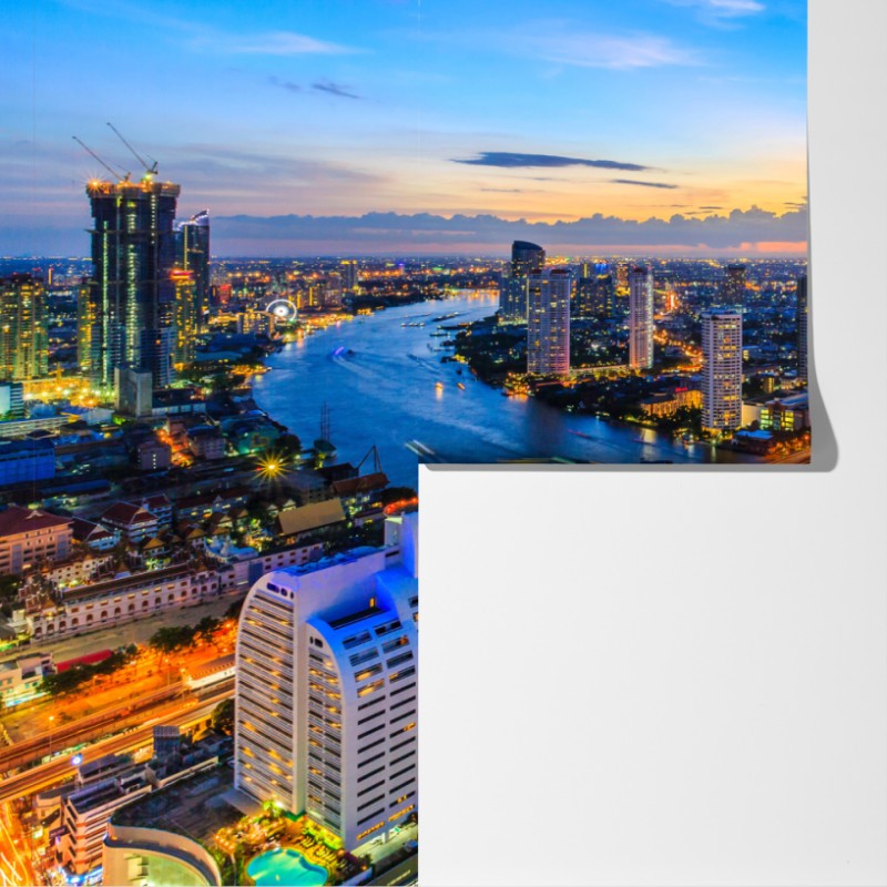 Fototapeta tętniąca życiem panorama miasta o zmierzchu – Wallissimo® Fototapeta tętniąca życiem panorama miasta o zmierzchu – Wallissimo®