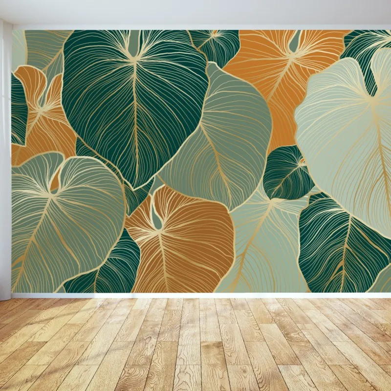 Wall mural teal and gold botanical leaf pattern
