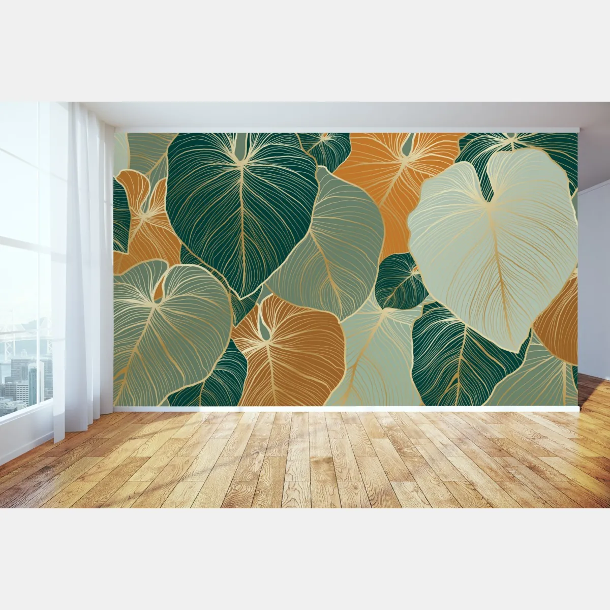 Fototapeta turkusowy i złoty botaniczny wzór liści – Wallissimo® Fototapeta turkusowy i złoty botaniczny wzór liści – Wallissimo®