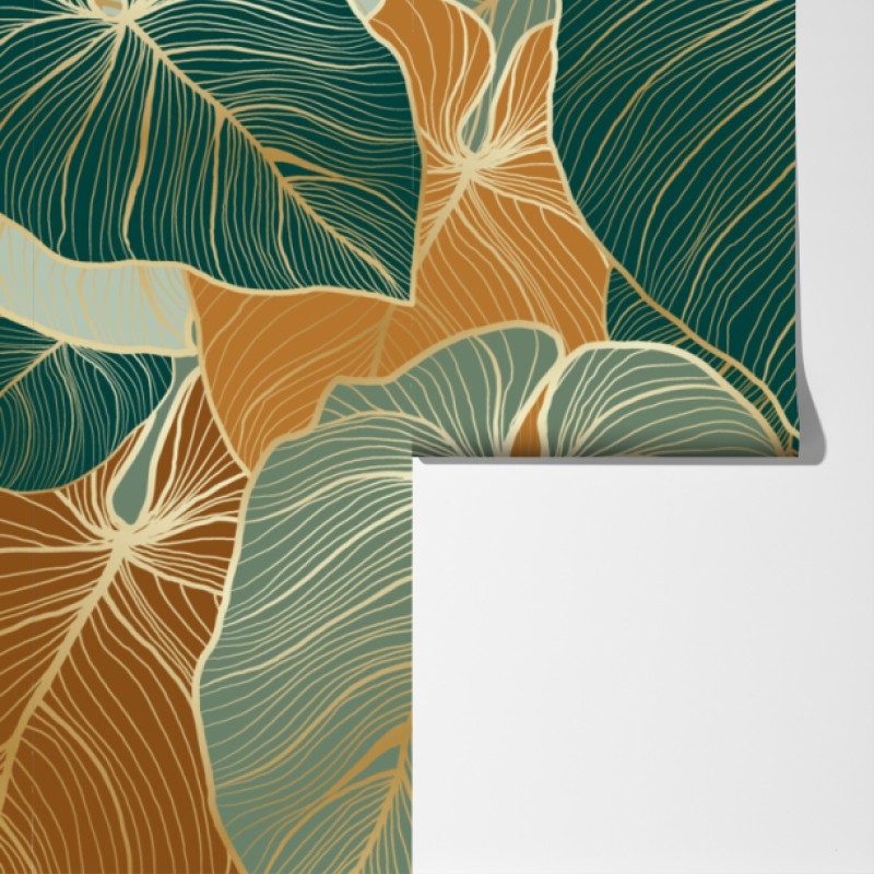 Fototapeta turkusowy i złoty botaniczny wzór liści – Wallissimo® Fototapeta turkusowy i złoty botaniczny wzór liści – Wallissimo®