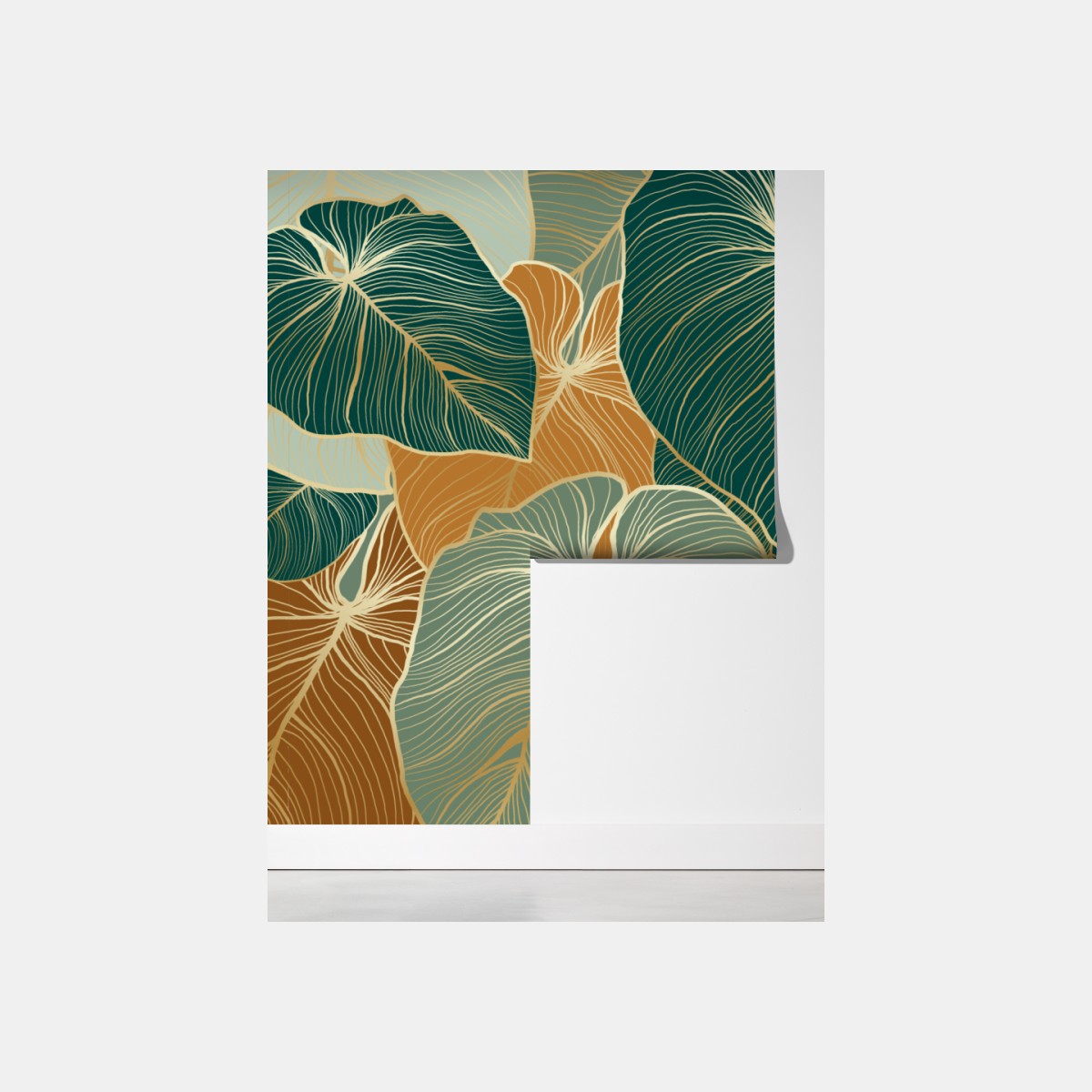 Fototapeta turkusowy i złoty botaniczny wzór liści – Wallissimo® Fototapeta turkusowy i złoty botaniczny wzór liści – Wallissimo®