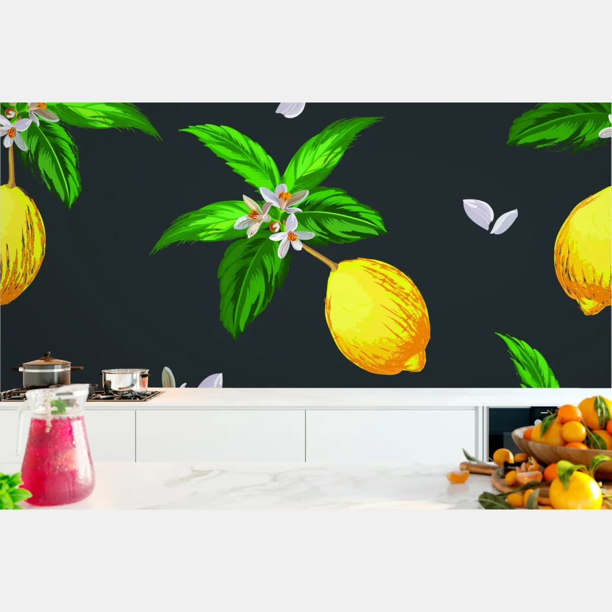 Fototapeta żywy wzór z cytrynami i liśćmi – Wallissimo® Fototapeta żywy wzór z cytrynami i liśćmi – Wallissimo®