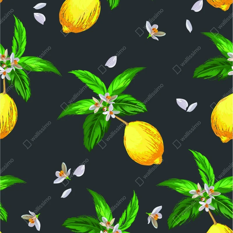 Fototapeta żywy wzór z cytrynami i liśćmi – Wallissimo® Fototapeta żywy wzór z cytrynami i liśćmi – Wallissimo®