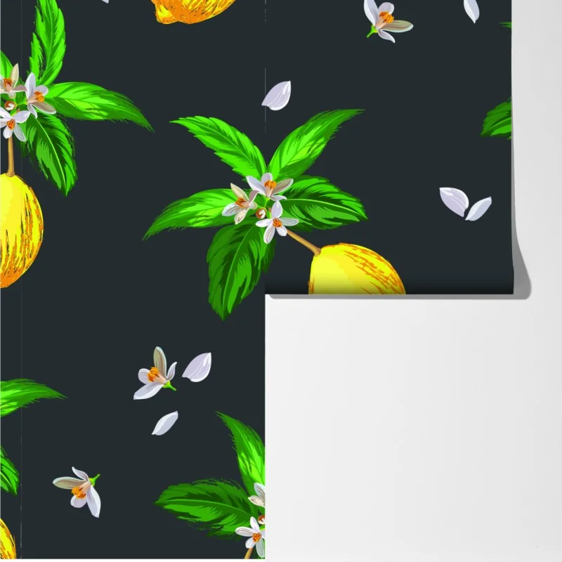 Fototapeta żywy wzór z cytrynami i liśćmi – Wallissimo® Fototapeta żywy wzór z cytrynami i liśćmi – Wallissimo®