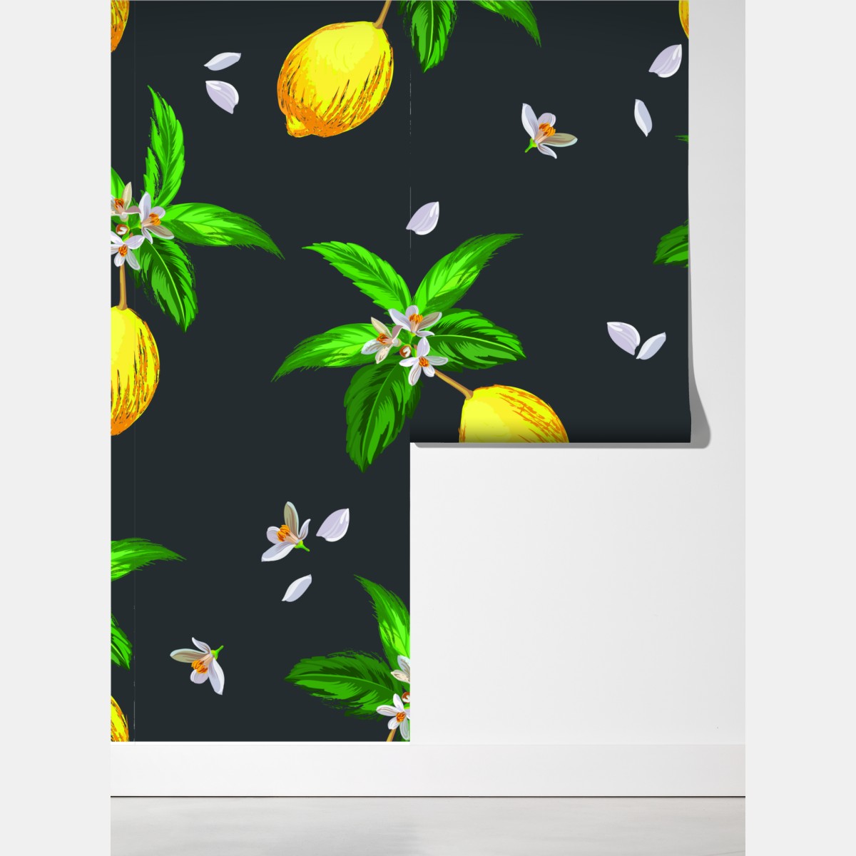 Fototapeta żywy wzór z cytrynami i liśćmi – Wallissimo® Fototapeta żywy wzór z cytrynami i liśćmi – Wallissimo®