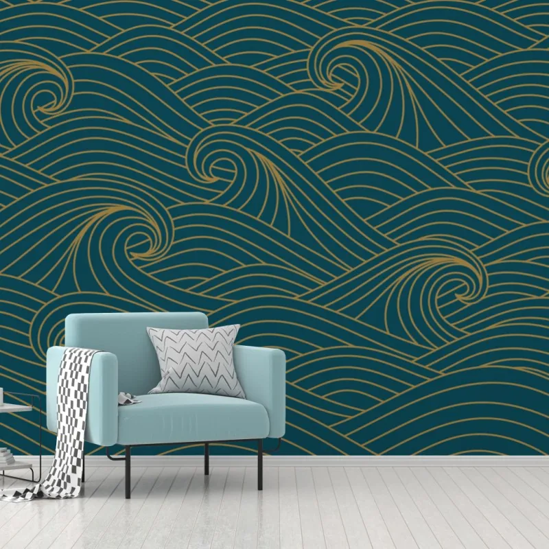 Wall mural gold-lined teal wave pattern