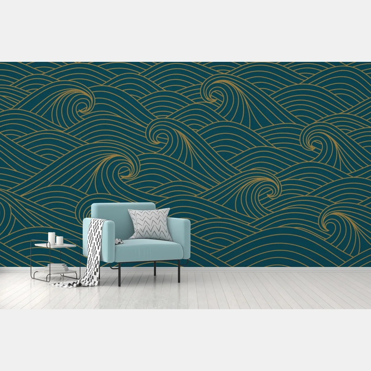 Fototapeta turkusowy wzór fal ze złotymi liniami – Wallissimo® Fototapeta turkusowy wzór fal ze złotymi liniami – Wallissimo®