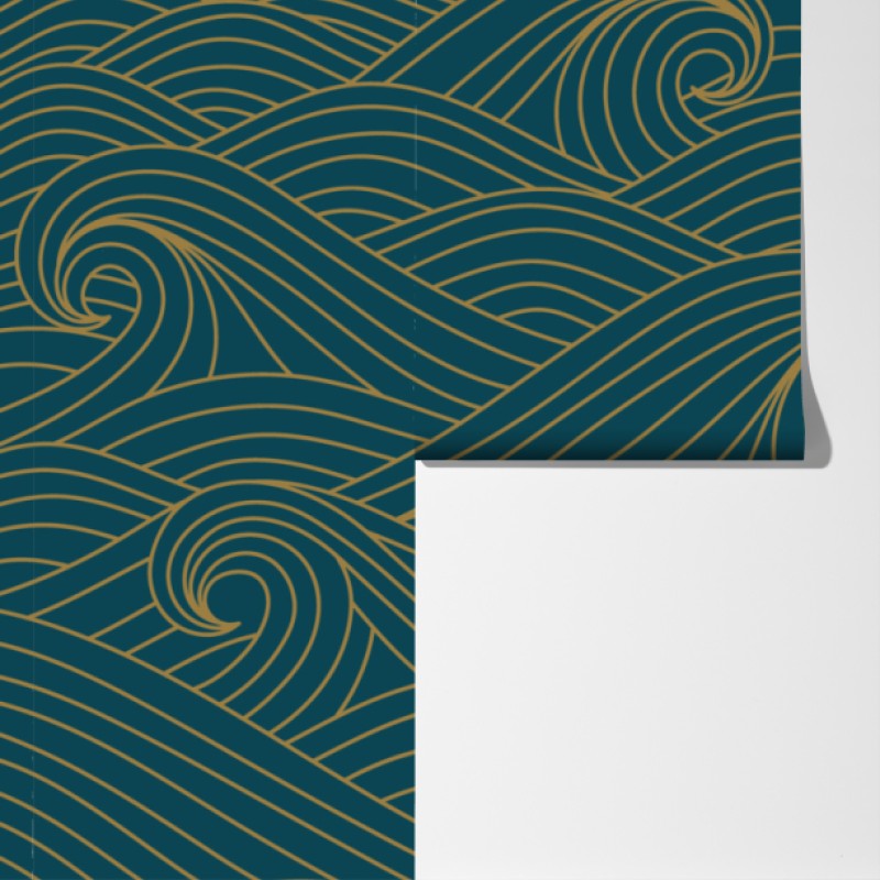 Fototapeta turkusowy wzór fal ze złotymi liniami – Wallissimo® Fototapeta turkusowy wzór fal ze złotymi liniami – Wallissimo®