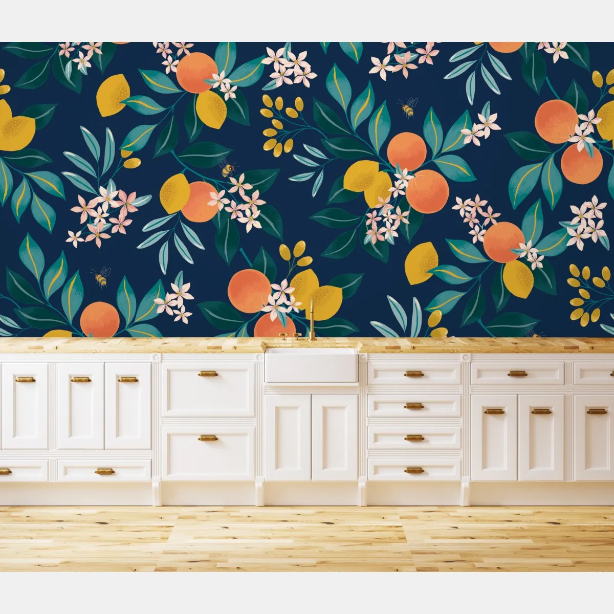 Fototapeta botaniczny wzór z kwiatami cytrusów na granatowym tle – Wallissimo® Fototapeta botaniczny wzór z kwiatami cytrusów na granatowym tle – Wallissimo®