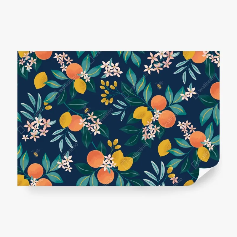 Wall mural citrus blossom botanical pattern on navy
