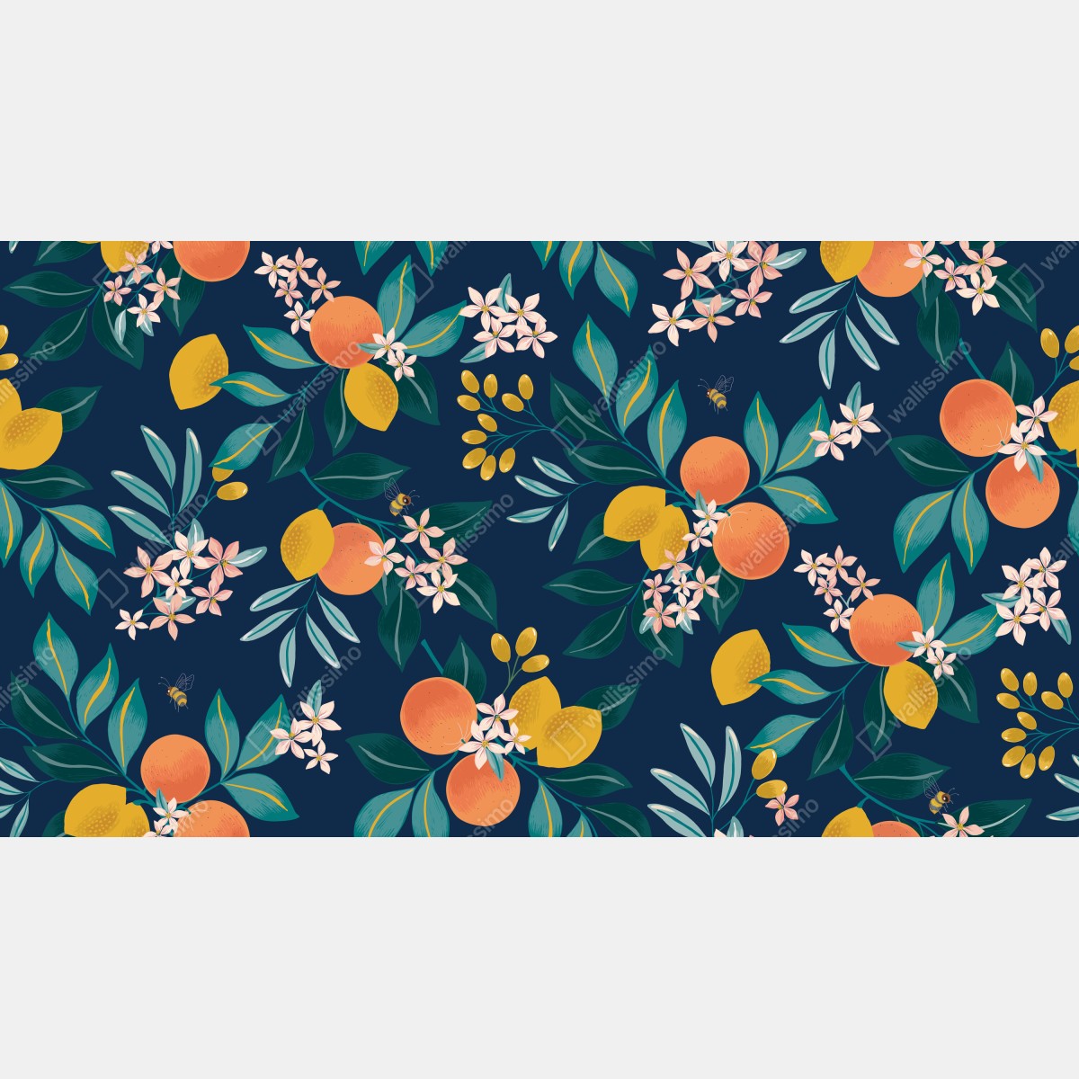 Fototapeta botaniczny wzór z kwiatami cytrusów na granatowym tle – Wallissimo® Fototapeta botaniczny wzór z kwiatami cytrusów na granatowym tle – Wallissimo®
