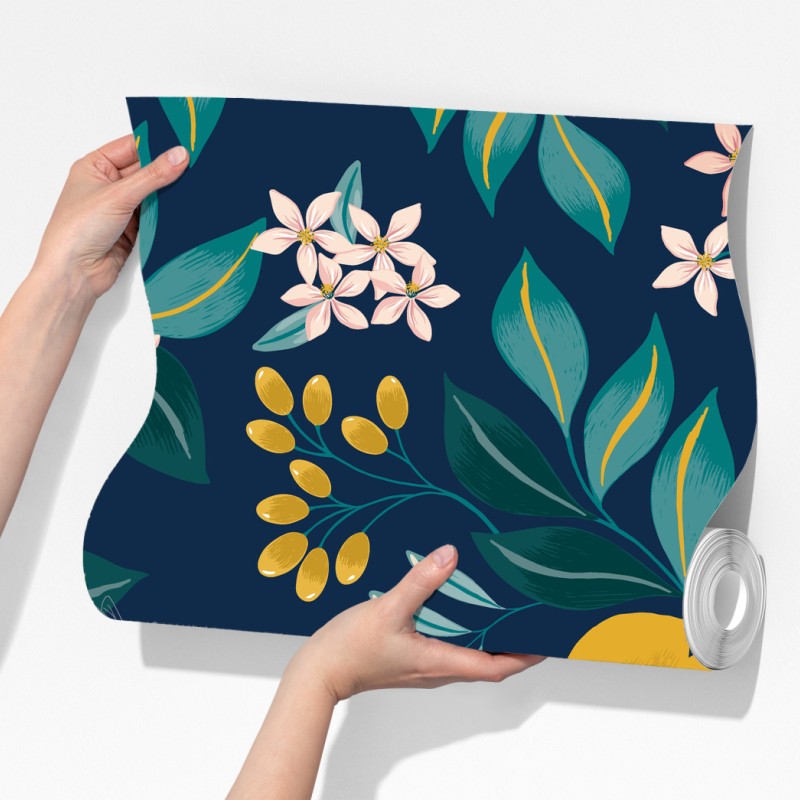 Fototapeta botaniczny wzór z kwiatami cytrusów na granatowym tle – Wallissimo® Fototapeta botaniczny wzór z kwiatami cytrusów na granatowym tle – Wallissimo®